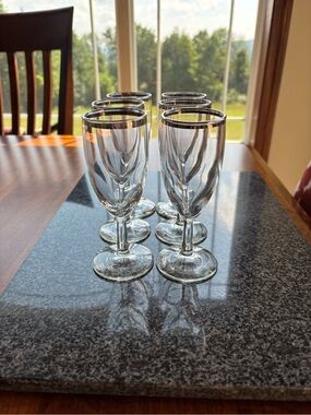 Silver-Rimmed Clear Glass Goblets - Set of 6